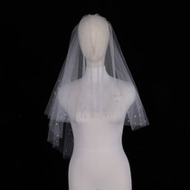 (Sparkling Nail beads) Luminous Bride wedding with white headwear only beauty pearl short double layer of covered face veil