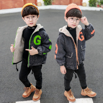 Boy lamb hair denim jacket new middle child autumn and winter money girl Korean version gush thickened with warm cotton clothing damp
