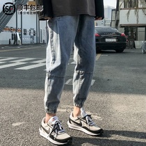 Tide brand 2020 Summer new jeans mens loose leg pants Hong Kong style trend nine casual Joker