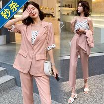 Four seasons off code 2020 summer casual suit five h-point sleeve wave point suspender nine-point pants three-piece suit 1632