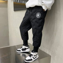 Boys down cotton pants 2022 new autumn and winter clothing childrens plus velvet thickened one-piece velvet cotton pants middle-aged childrens winter pants