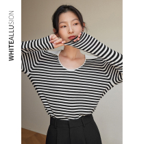 Wool Stitch Weaselwear 2022 Fall new POLO collar Fashion Coloured striped blouses Bottoms Casual Cashmere Sweatshirt