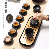 Black pottery kung fu tea set home simple office complete set of ceramic bowl teapot Japanese tea tray