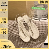  (sheii Su Yinyin)Warm and soft~Small fragrance Lingge flat-bottomed clip-on buckle belt pearl sandals womens shoes