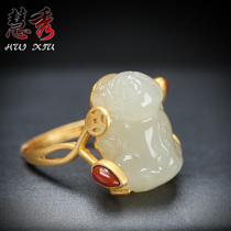 Hetian Jade small brave ring Pi Qiu White Jade 925 sterling silver fortune personality minority ancient law female summer mother mother