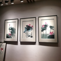 Silk Su embroidery living room sofa background New Chinese style entrance decoration painting lotus sample room villa triplet combination