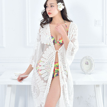  Seaside beach hot spring holiday bikini swimsuit womens sunscreen coat blouse hollow embroidery crocheted medium-long jacket