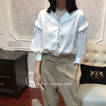 Foreign style little shirt~French elegant retro style ruffle v-neck court lantern sleeve loose white shirt female autumn