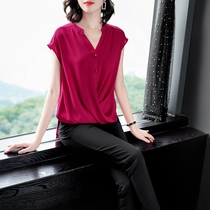 Short sleeve chiffon shirt Womens 2021 summer new thin loose belly cover size V-neck solid color small shirt tide