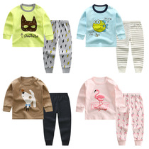 Childrens lingerie suit 1-10 year old spring autumn round collar cotton CUHK children autumn clothes autumn pants long sleeve shoulder button pure color child clothing