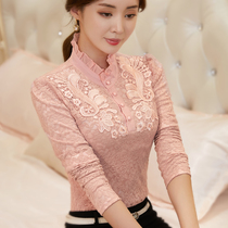 Lace bottoming shirt ladies plus velvet thickened autumn and winter long-sleeved warm small shirt new style half-high collar explosive top