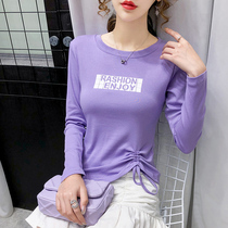 2021 new Korean style fashion round neck print small fresh top letter drawstring slim fit long-sleeved T-shirt female ins trend