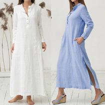 Women Kaftan Cotton Long Sleeve Plain Casaul Dress Oversize