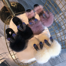 European station autumn and winter New Fox hair half slippers women fashion outside wear flat Joker rabbit ears lazy womens shoes