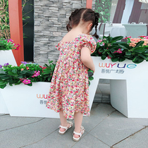 Childrens purple small floral summer dress Western style Korean version girls chiffon puff sleeve dress v-neck sweet princess dress