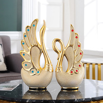 Couple swan ornaments Ceramic gold-plated frosted diamond-set crafts Home living room TV wine cabinet decorations