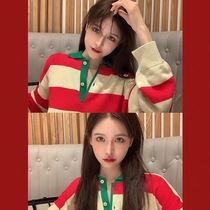 Striped sweater women 2021 New POLO collar long Korean loose student long sleeve thin top ins tide