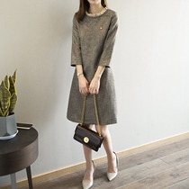 One-piece dress Spring autumn 2022 New Korean version Temperament Round Neckline with slim 70% sleeves Long-length Balloon Flower Dress