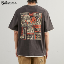 Summer new mens short-sleeved T-shirt ins trendy print loose casual Joker fake round neck fake two-piece half-sleeve shirt