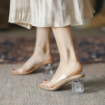 Slippers women Summer outwear Fashion 2022 New web Red 100 hitch slippers with coarse heel and transparent sandals High heels girl