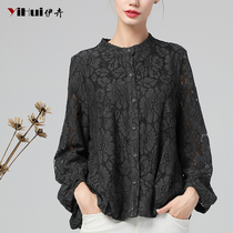 Lace shirt long sleeve bottoming shirt hollow loose belly cover middle-aged mother large size womens spring dress