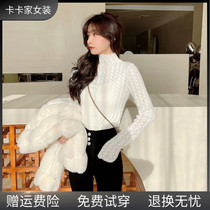 JUSTCCC Card Womens official flagship double-leaf textured velvet lace high collar bottom-shirt mesh red in the same blouse