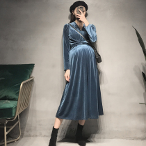 2021 new foreign style maternity wear autumn high waist slim long dress V collar breastfeeding base skirt winter dress