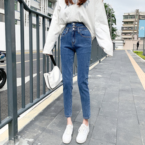 High waist breasted jeans womens tight pencil spring and autumn 2021 New ankle-length pants slim Joker slim Joker pants