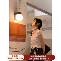 Ouyang Xi 2021 drawstring short cute fungus Welt shirt New lace pleated French bubble sleeve top