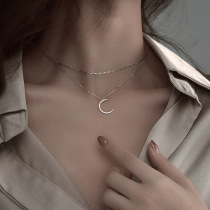 caringkiss Double Layer Moon 925 Pure Silver Necklace Women in Simple Design Sense Small Large Luxury Necklace