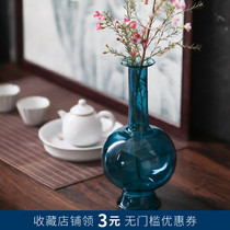 Bird blue glass vase Japanese Zen transparent flower Chinese classical frosted net bottle Living room home desktop ornaments