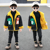 Boy Clothing Boy Autumn Winter Clothing Coat 2022 New CUHK Boy Handsome Gas Boy Garnter Thickened Denim Jacket Jacket