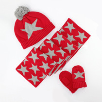 1-8 Childrens hats Autumn and winter red five-pointed star jacquard knitted hats mens and womens baby hats gloves scarf set