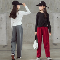 2021 Spring and Autumn Girls Suits Trendy Waist Sleeve Tops Korean Fashionable Western Style Straight Leg Wide-Leg Pants Two-piece Set