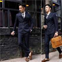  Double-breasted suit mens suit slim Korean version of the trend wedding groom dress British casual plus size mens suit