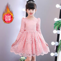 Girls dress autumn and winter with velvet cotton little girl medium big childrens dress lace childrens long sleeve princess dress
