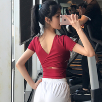 ins beauty back yoga dress womens quick-dry slim running sports shirt stretch with chest pad stretch one fitness short sleeve