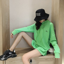 Avocado green sweater womens thin ins tide loose mid-length new early autumn Korean mustard green solid color top