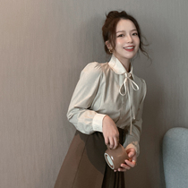 TMH STDUIO Microsweetened Blister Sleeves Butterfly Knot Shirt Woman Long Sleeve Striped Shirt Spring Biblouse Blouse