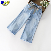2021 new girls denim Capri pants thin childrens big children loose straight wide leg pants summer pants