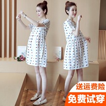 Pregnant women Summer Net red set fashion 2021 new bird print round neck dress summer dress