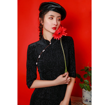 Autumn black cheongsam modified version of the dress female mid-sleeve bone-etched girl Chinese style retro autumn long long sleeve