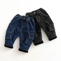 2019 New boys autumn velvet pants one year old boy baby Foreign style jeans baby winter padded padded trousers