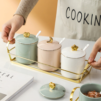 Nordic style ceramic seasoning jar kitchen household light luxury seasoning box salt sugar monosodium glutamate seasoning set combination with spoon cover