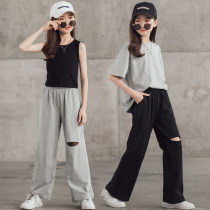 Girls  perforated casual pants summer 2021 new medium and large childrens straight loose hyuna style wide-leg high-waist trousers tide