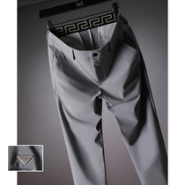High-end ice cool four-sided elastic fabric mens casual pants summer thin straight casual trousers suit pants mens slim fit