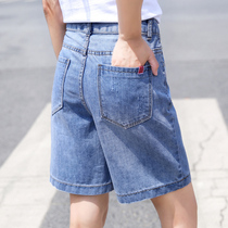 High waist denim shorts women loose summer thin section 2021 new straight tube wide leg 5-point pants medium pants 5-point pants women