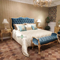 Luxury French style high-end patch gold leaf hand-carved imitation antique palace windy blue cloth art wedding bed full solid wood furniture
