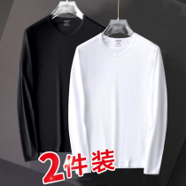 2pcs) Long-sleeved T-shirt mens chicken heart V-neck pure white long-sleeved cotton blood autumn coat solid color spring and autumn base shirt