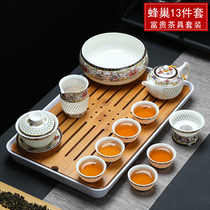 Green flower porcelain lingo tea tea set honeycomb hollowed-out ceramic power tea with tea tray set cup cushion teapot tea cup